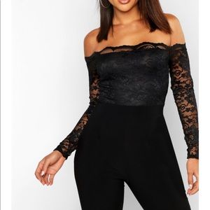 boohoo scalloped lace black jumpsuit